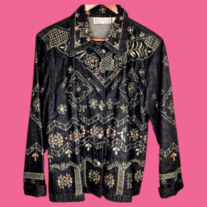 Vintage Embroidered Black Denim Jacket Western Button Shirt Size Medium